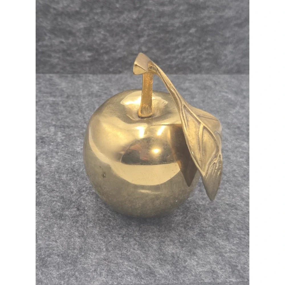 Vintage Brass Apple Bell Paper Weight Solid w/ Clapper Stem & Leaf Small Teacher